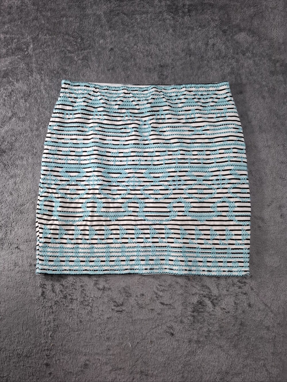 THML Striped Knit Mini Skirt Embroidery Light Blue Pull-on Sz M Bohemia Preppy